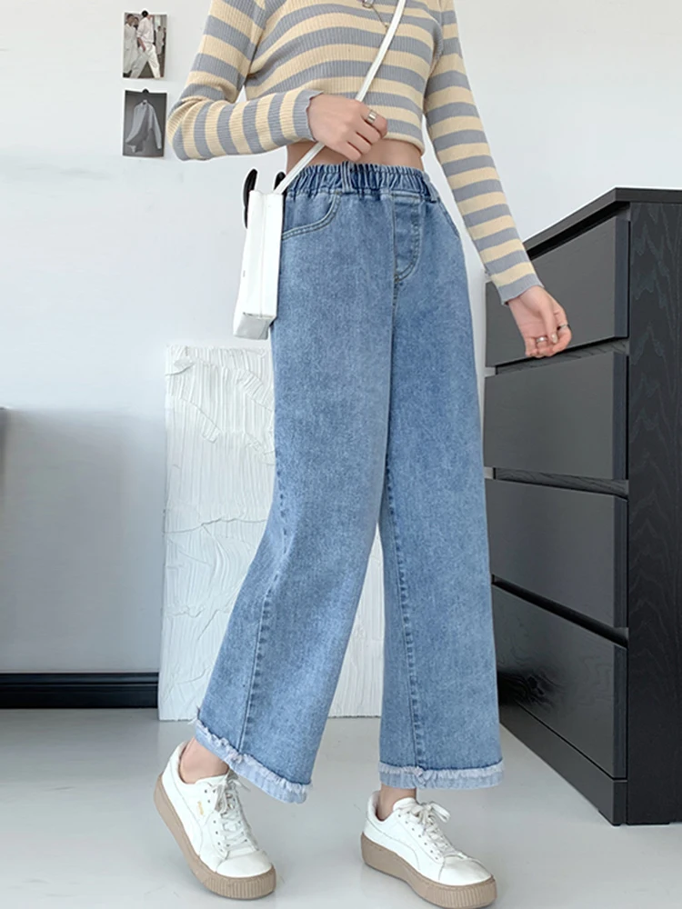 Décontracté Streetwear grande taille jean Femme vêtements ample droite jambe large Denim pantalon Femme taille élastique petit ami jean femmes