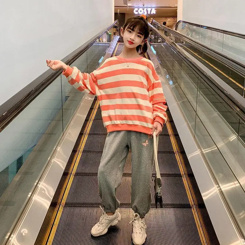 

Children Set Cloth Girls Spring/Autumn Striped Loose Sweatshirt T shirts + Ankle-tied Pants Tracksuit Teens 4 to 14 Years