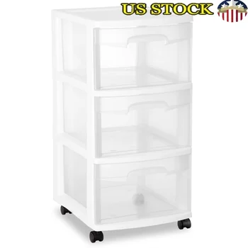 3-Drawer Rolling Plastic Storage Cart with Clear Bins 1