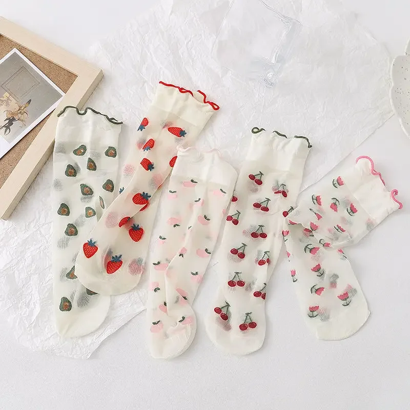 

Japanese Harajuku Summer Strawberry Peach Avocado Lace Mesh Ruffle Sock Women Fruit Socks Transparent Elastic for Girl Female