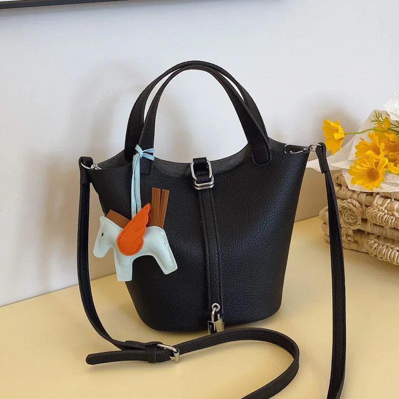 Fashion Vegetable Basket Bucket Bag Women's Autumn New Lychee Pattern Shoulder Bag Simple Solid Color Niche Messenger Bag