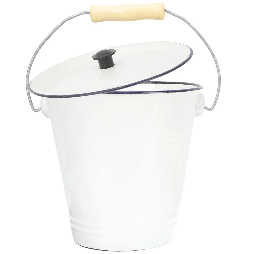 

Beverage Bucket Enamel with Lid Rice Dispenser Containers Lids Wooden Laundry Room Storage