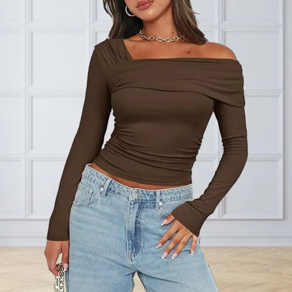 

Women Loose Style Top Elegant Off Shoulder Ruched Long Sleeve Tops for Women Commuting Style Slim Fit Going Out Shirt