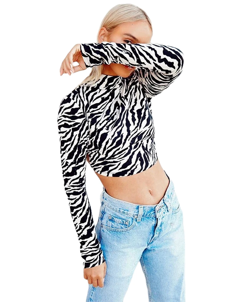 Women Dragon Pattern Print Crop T-shirts Tops Long Sleeve Backless