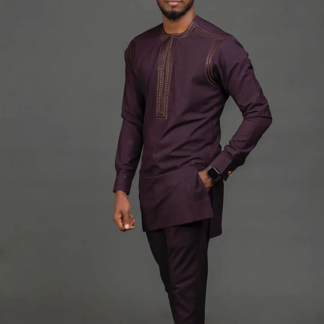 White Kaftan Men's Suit Embroidery Floral Top Pants Kaunda Suit African Casual Outfits Wear Traditional 2PCS Set Wedding Tuxedo 6