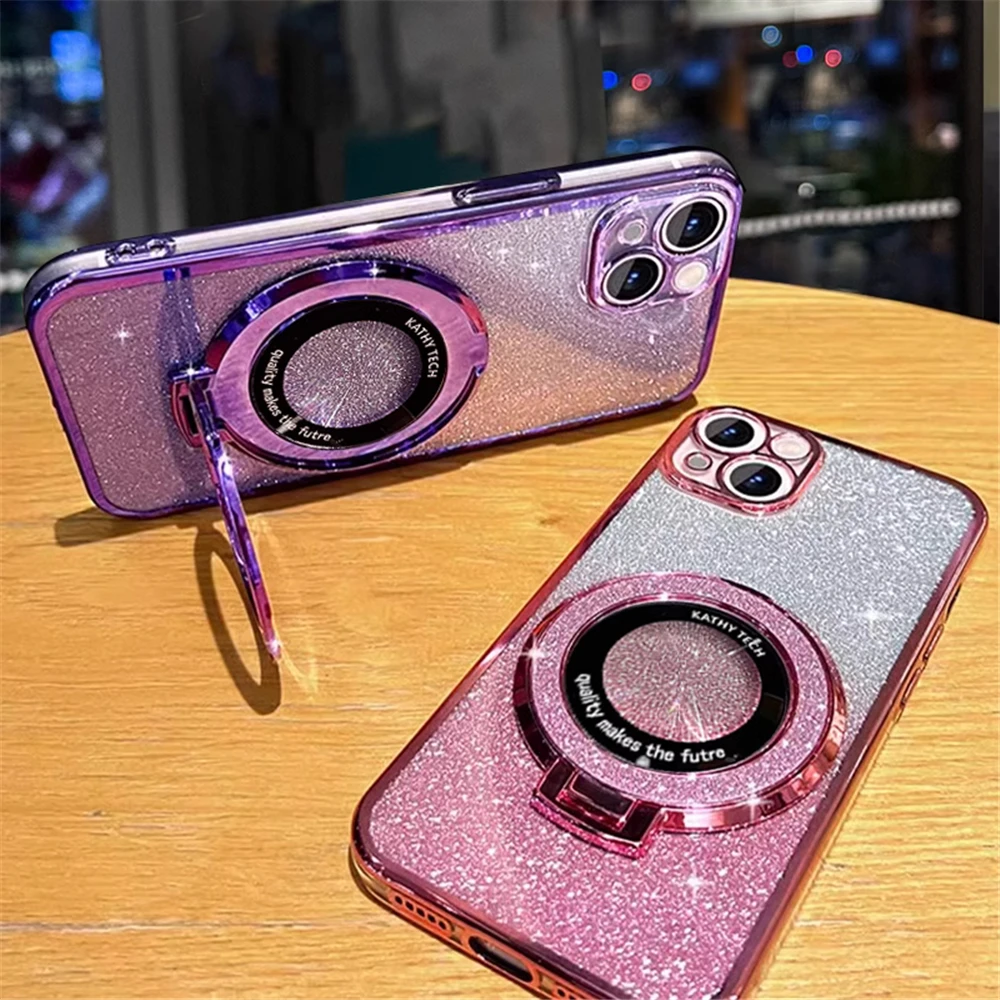 Sparkling Glitter Plating Phone Case with Crystal Bracelet Holder Stand