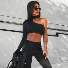 

Sexy Women Single Shoulder Long Sleeve Crop Tops Solid Color Slim Fit Zipper T-Shirt Summer Spring Female Clothing Streetwear