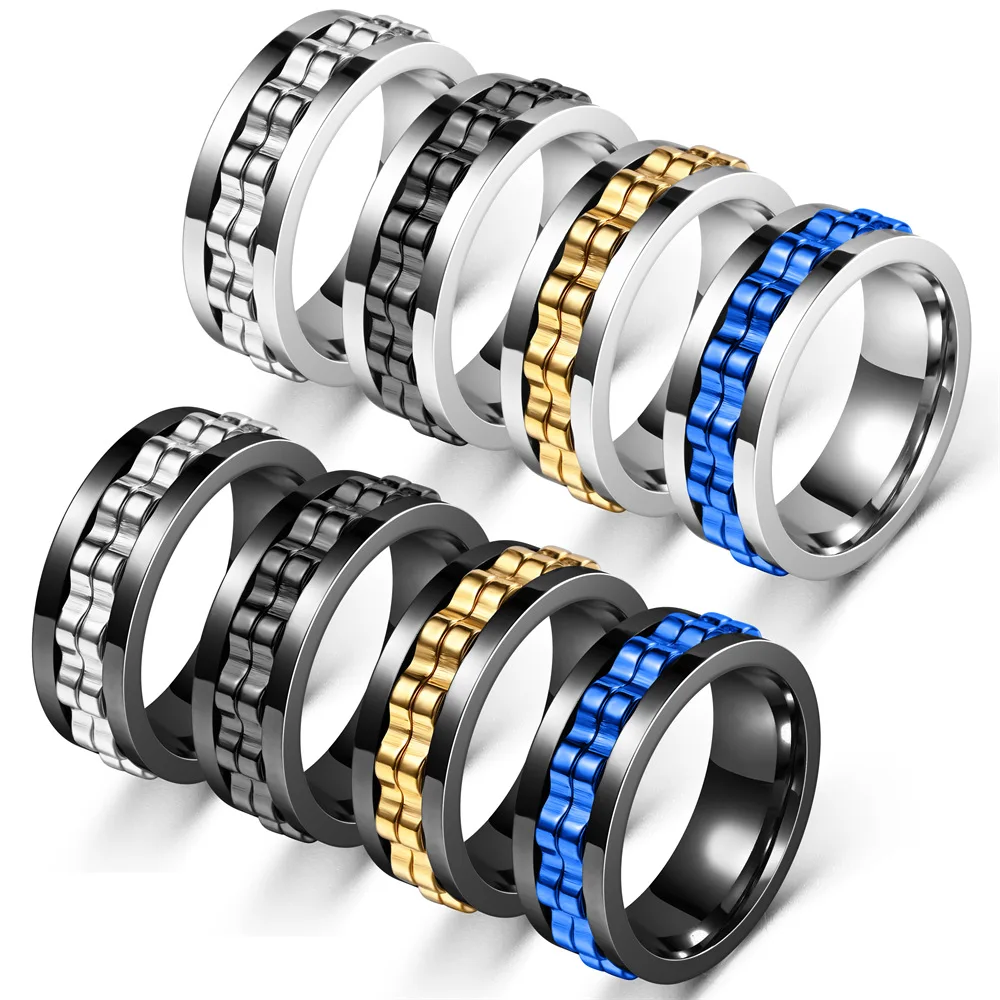 Fashion Punk Style Gear Rotating Anxiety Fidget Ring Titanium Steel Chain Spinner Rings for Men Rock Biker Wedding Party Jewelry 2
