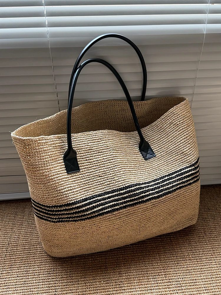 Stripes Lafite Straw Weave Tote Bags For Women Luxury Designer Handbags And Purses New Casual Letter Large Capacity Shoulder