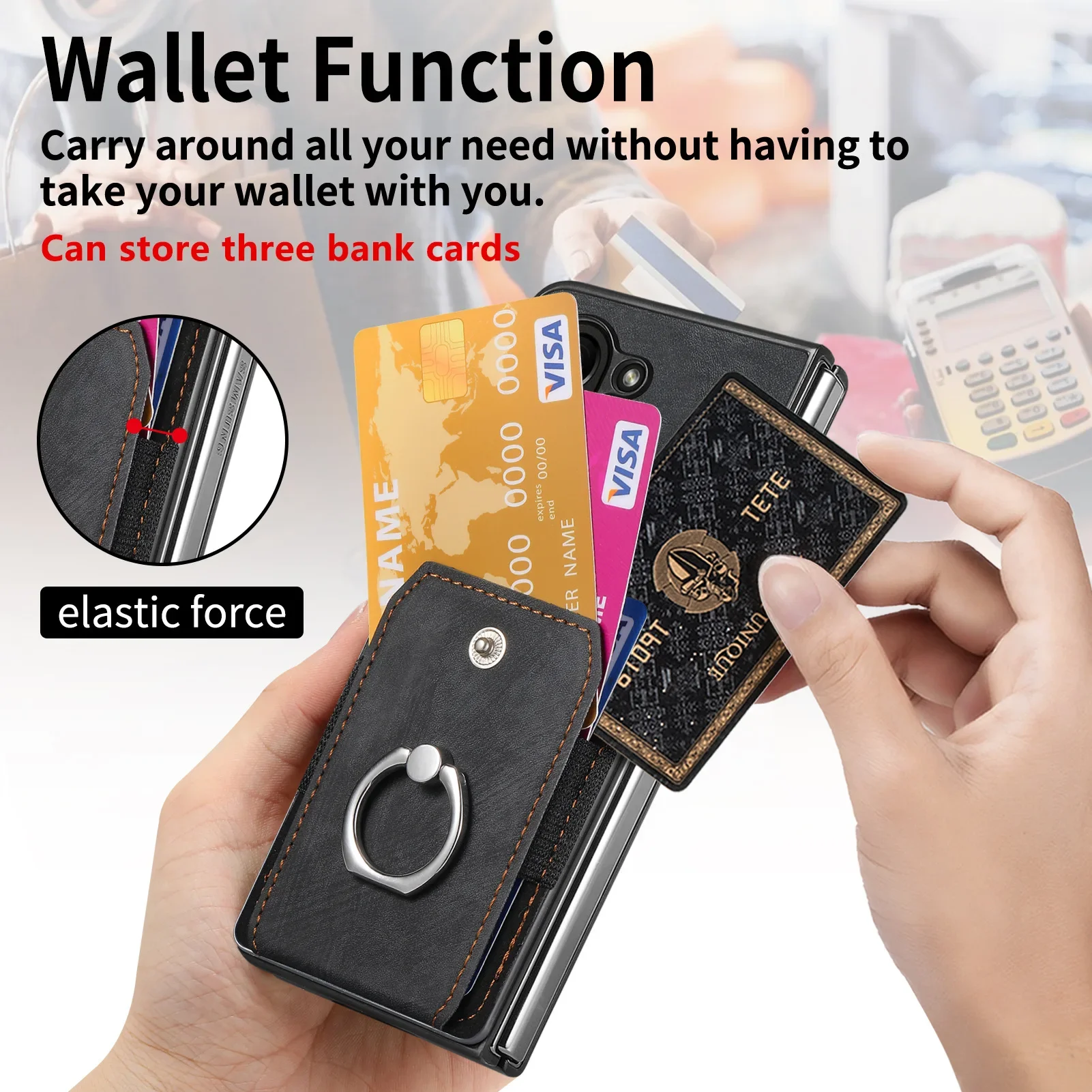 Retro Leather Ring Wallet Phone Case with Card Holder and Protective Cover