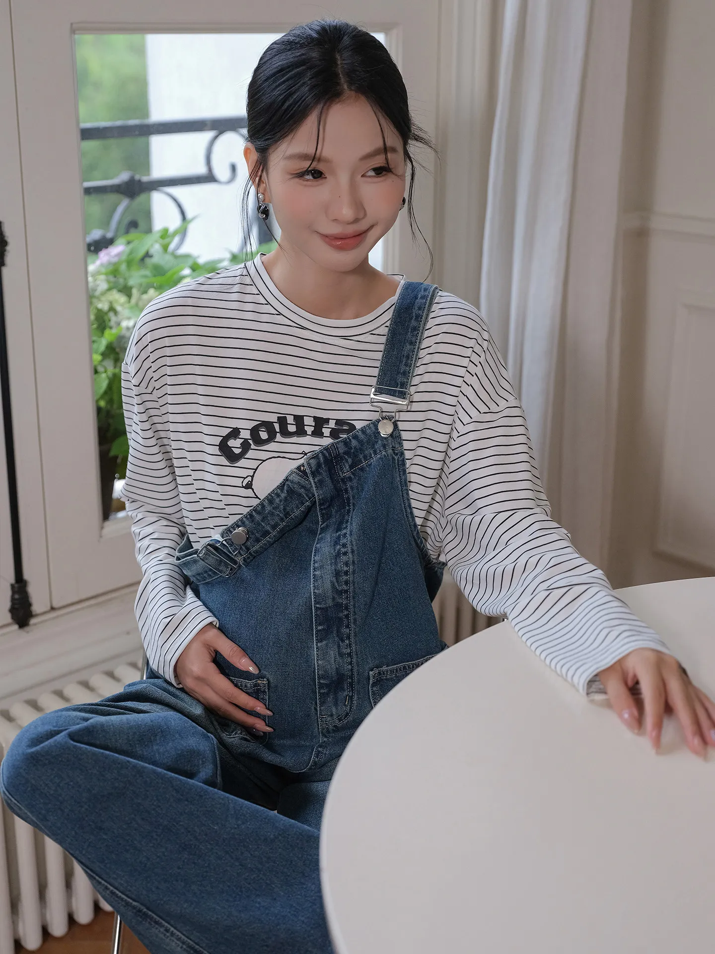 임산부 데님 오버올 루즈핏 블루 와이드 레그 팬츠 캐주얼 롱 팬츠 편안한 면 폴리에스터 봄 여름