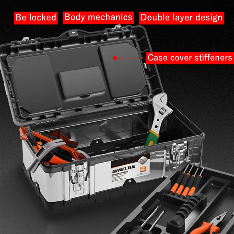 14in Tool Box Double Layer Hardware Storage ToolBox Stainless steel Tool box  Metal Suitcase for Tools Portable Tool Organizer