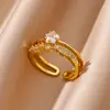 Double Layer Zircon Star Rings for Women Open Adjustable Stainless Steel Gold Color Wedding Ring Aesthetic Jewelry Gift anillos