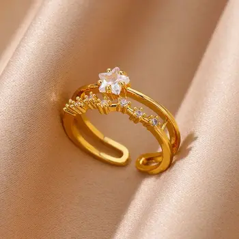 Double Layer Zircon Star Rings for Women Open Adjustable Stainless Steel Gold Color Wedding Ring Aesthetic Jewelry Gift anillos