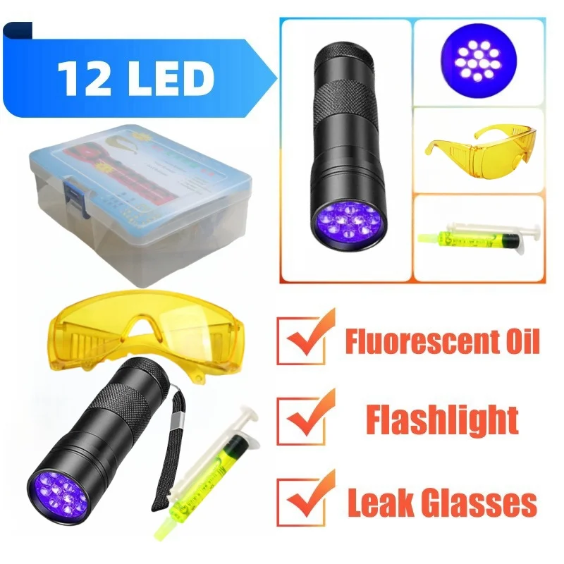 Car Air Conditioning A/C System Leak Test Detector Kit 12 LED UV Flashlight Protective Glasses UV Dye Tool Set
