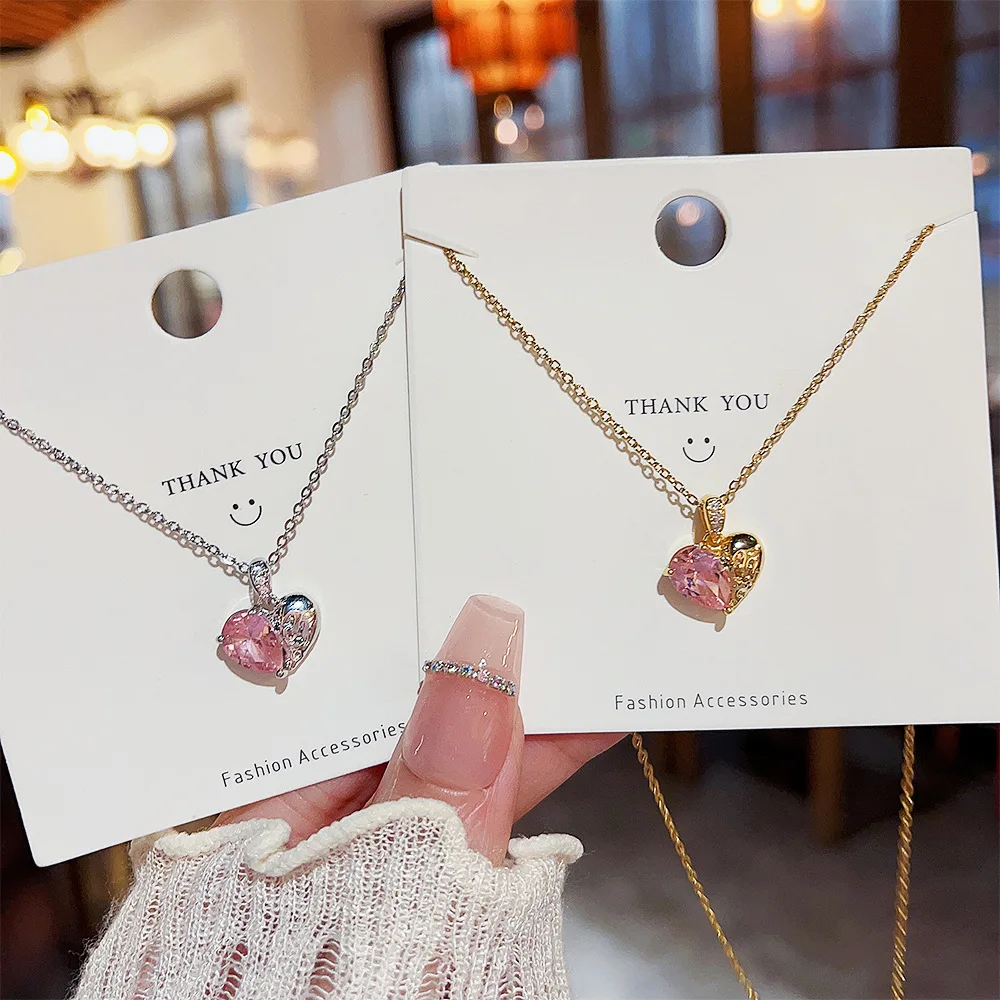 

Light Luxury Colorfast 3D Love Peach Heart Pink Gem Pendant Titanium Steel Necklace Women's Neckchain Clavicular Collar Chain