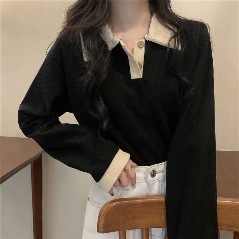 Casual Women T-shirts Korean Fashion Sweet Preppy Style Tops Female Autumn Long Sleeve Turn Down Collar Basic Pullovers Tees 2
