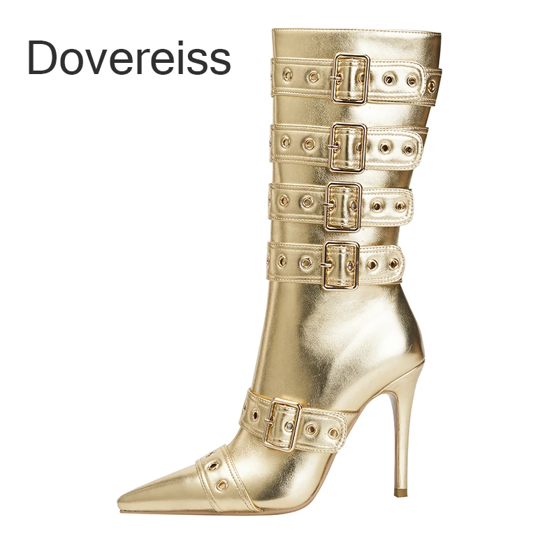 

Dovereiss 2023 Winter Clear Stilettos Heels Buckle Knee High Boots Fashion Ladies Boots Gold Female Boots Big Size 40 41 42 43