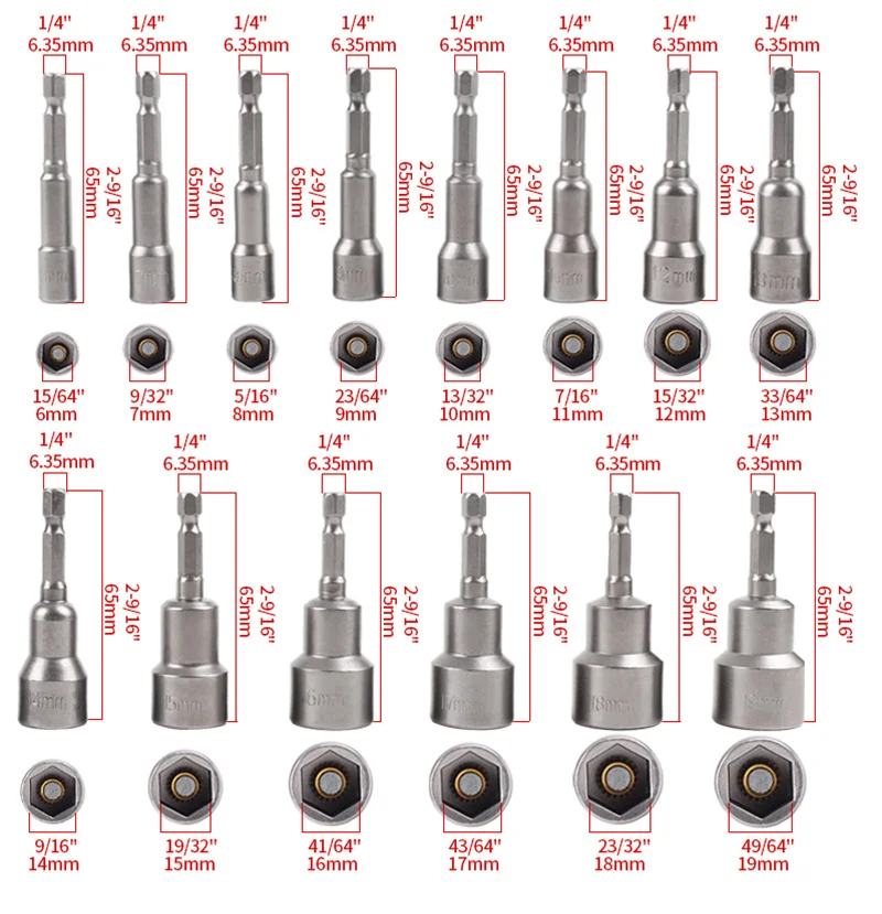 2-teiliges 6–19 mm magnetisches Steckschlüssel-Set mit metrischen Schlagmuttern-Set, 6,35 mm Sechskantschaft-Bohrer – Detail 6