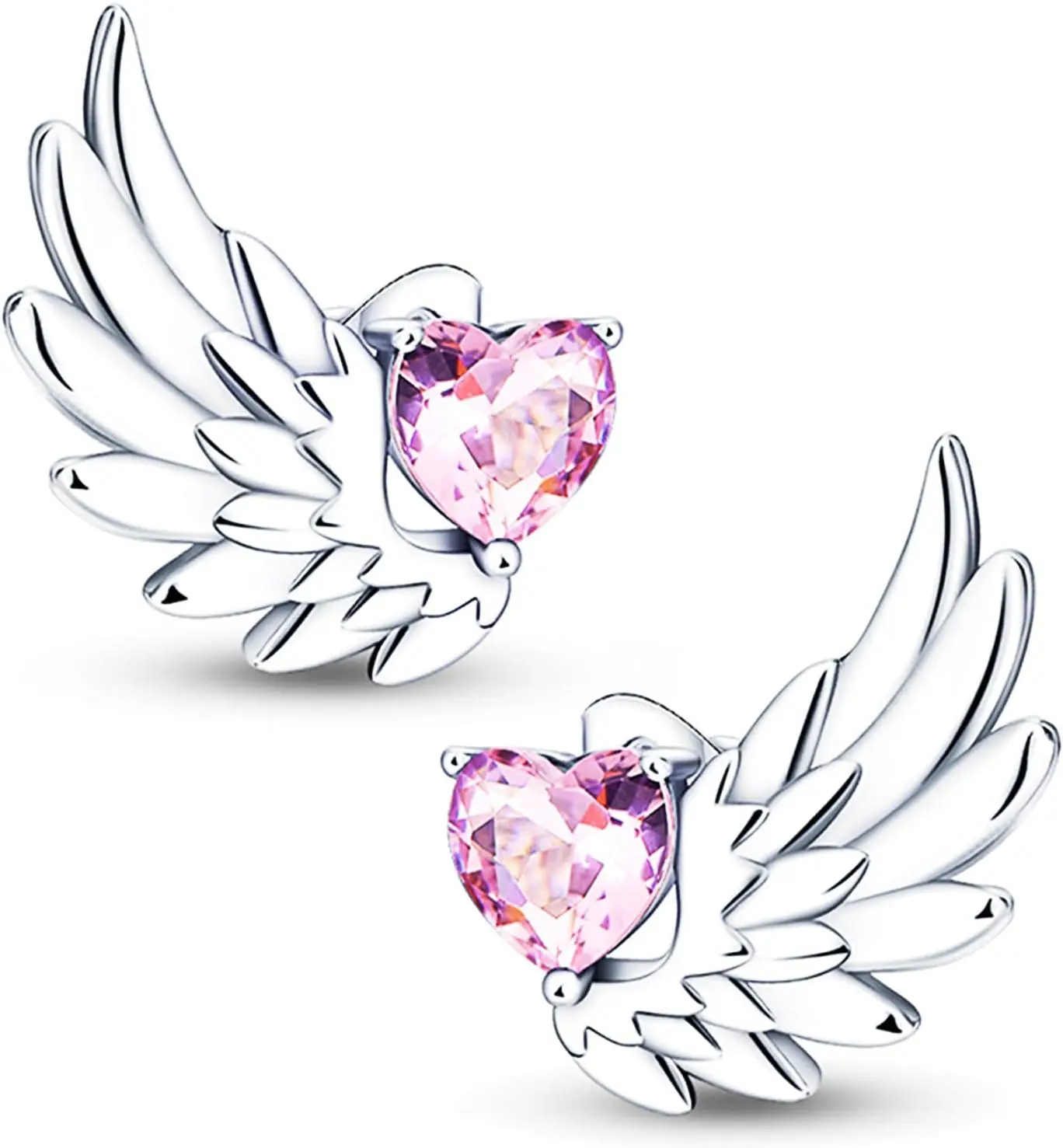 925 Sterling Silver Earring, Small Pink Heart Angel Wings Opal Star Jewelry Fashion Graduation Birthday Gifts