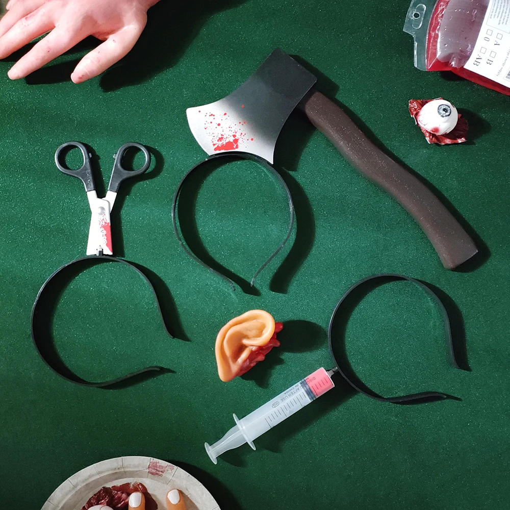 Halloween Kostüm gruselige Stirnbänder Foto Requisiten Plastik messer Axt  Hackmesser Schere Stirnbänder durch Kopf Zombie Zubehör Make-up - AliExpress, image size:1000x1000