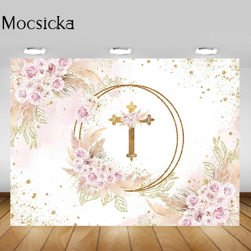 Mocsicka Baby Baptism Backdrop Golden Circle Cross Newborn Christening Party Decorations Pampas Grass Flowers Photo Background photo backdrop,party decoration covers,photography auxiliary props