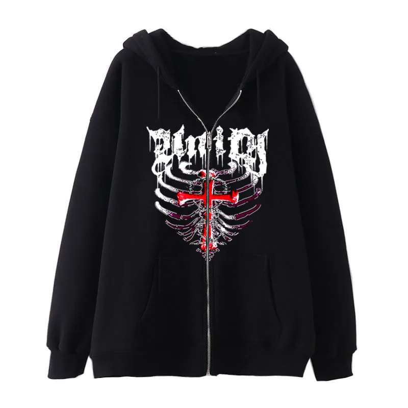 

Y2K Zip Up Hoodie Skull Printed Casual Sweatshirt Long Sleeve Oversized Sweatshirt Harajuku High Street Hooded Streetwear
