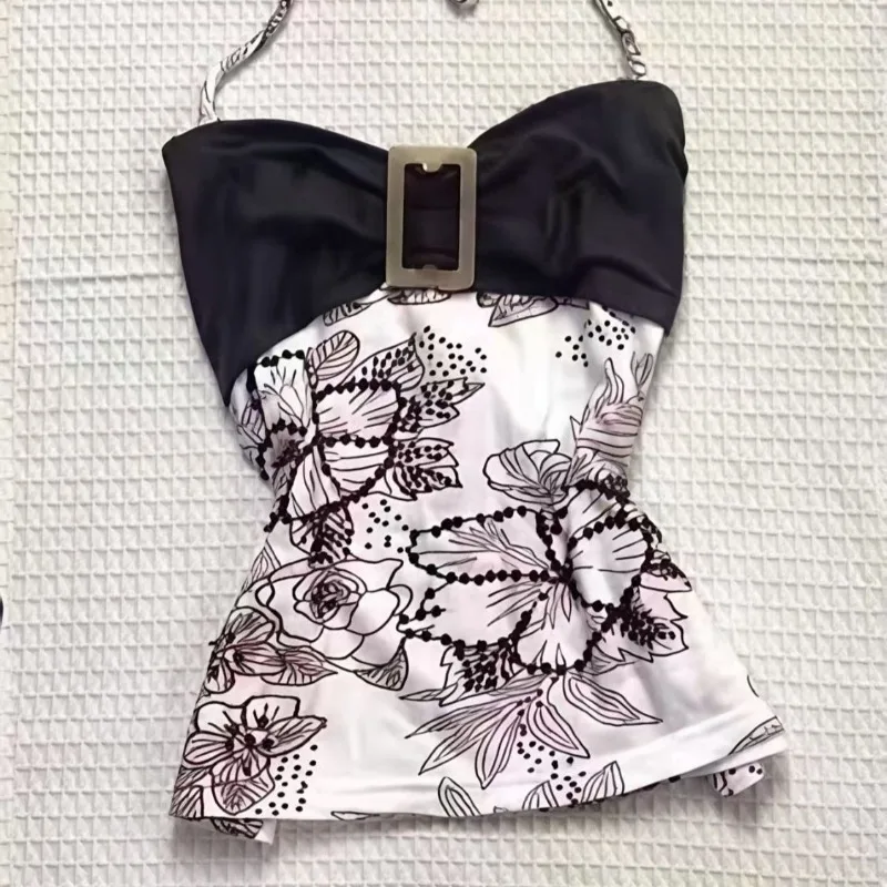 Retro Halter Top American Punk Hottie Halter Vest Harajuku Aesthetic Print Camisole Summer Splicing Design Tees Street Clothing 1