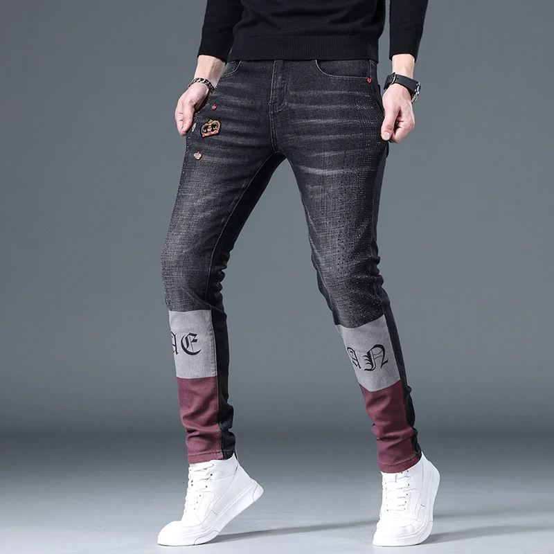 Four Seasons Fall Winter Fashion Jeans Men's Embroidered Skinny Personality Trendy and Thin Looking Black Popular Long Pants