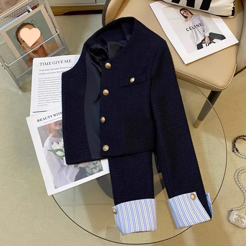 Navy Blue Short Jacket Striped Patchwork