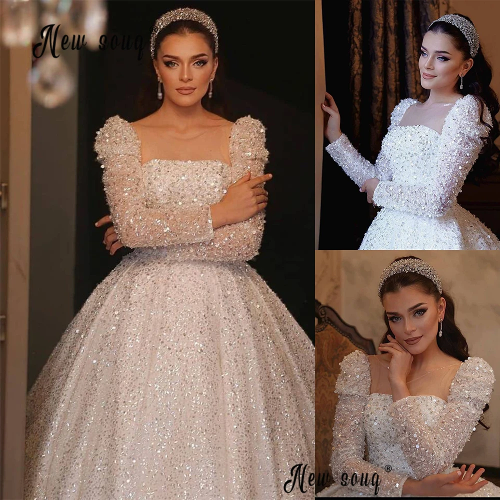 

Vintage Ball Gown Princess Wedding Dress White Beaded Long Sleeve Sequin Bridal Gowns Plus Size Custom Made in Dubai