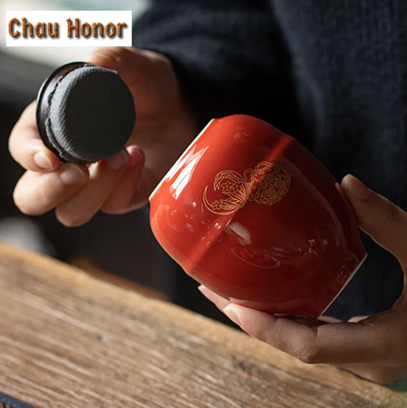 245ml Boutique Palace Red Glaze Art CeramicTea Caddy Household Tea Leaf Hermetic Pots Embroidered Art Hermetic Pots Accessories