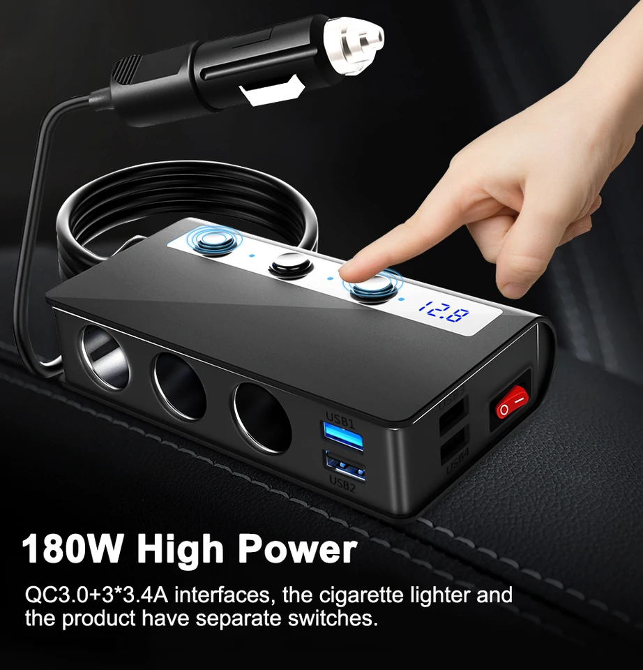 Caricabatterie Da Auto 9 In 1 180W – Splitter Accendisigari Con 3 Prese 12V/24V E 6 Porte USB (PD, QC3.0) + Display LED Tensione – Cavo 25″