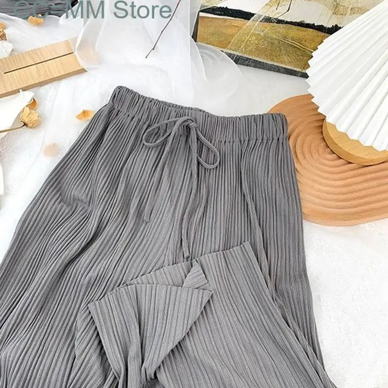 New Drawstring Stripe Wide Leg Pants Women Summer Ankle Length Bottom Elastic High Waist Knitted Folds Casual Pants