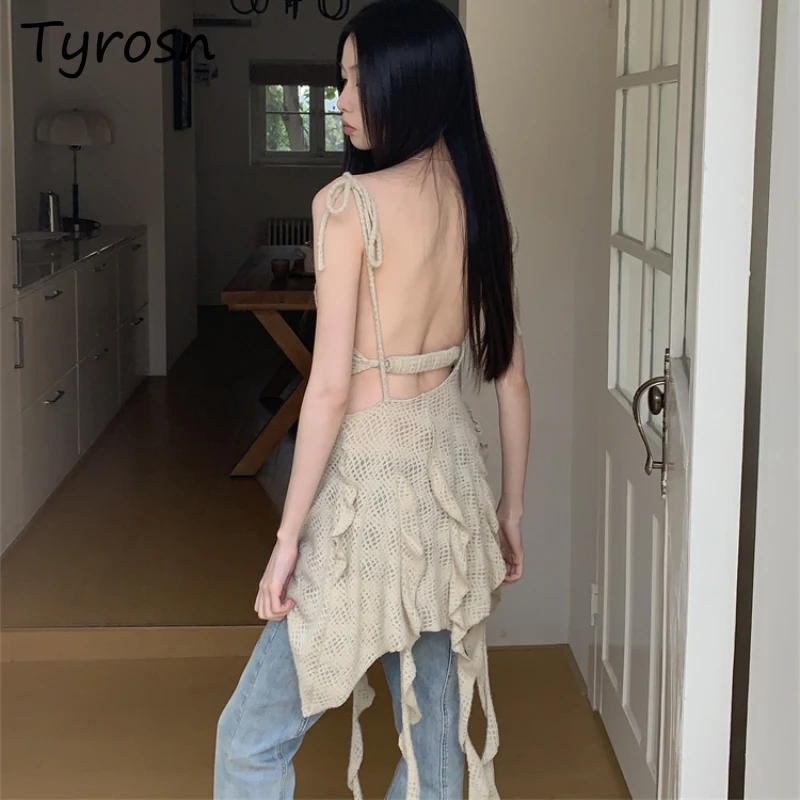 

Women Dress Sleeveless Summer Tender Design Bohemian Romantic Sweet Unique Sexy Backless Korean Retro College Irregular Strap