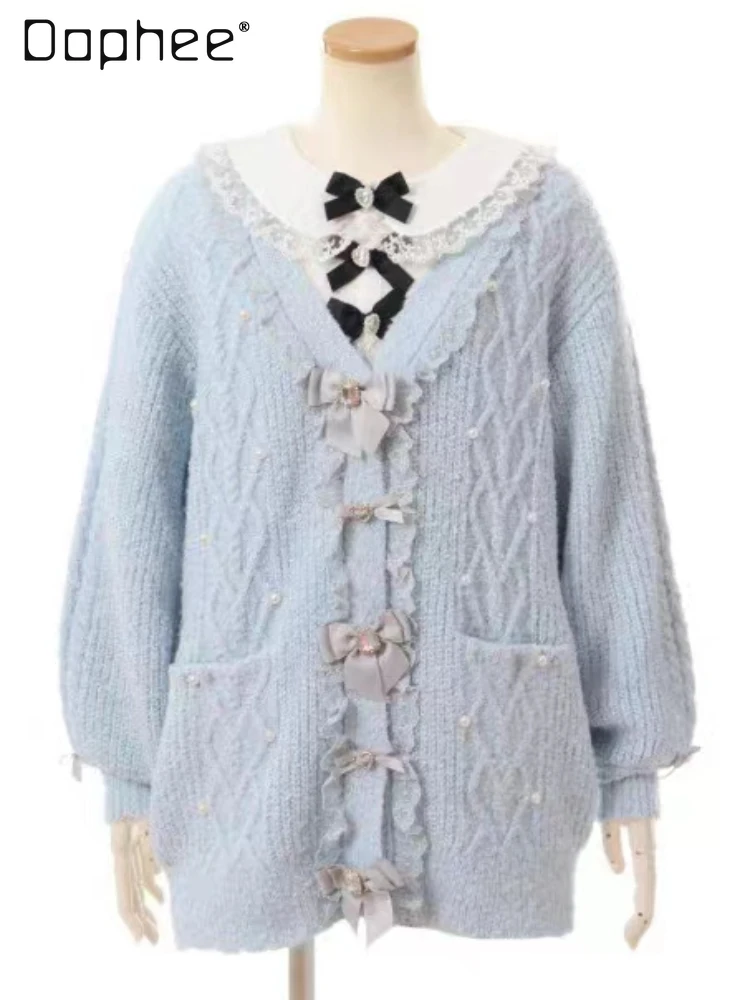 

Lolita Style Sweet Bow Pearl Lantern Sleeve Single-Breasted Cardigan Women Spring and Autumn V-neck Long-Sleeve Knitwear Female