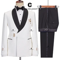 Cenne Des Graoom 2024 Men Suits Black and White Floral Paisley Tuxedo Pants Double Breasted with Single Metal Side Buckle Dinner 1