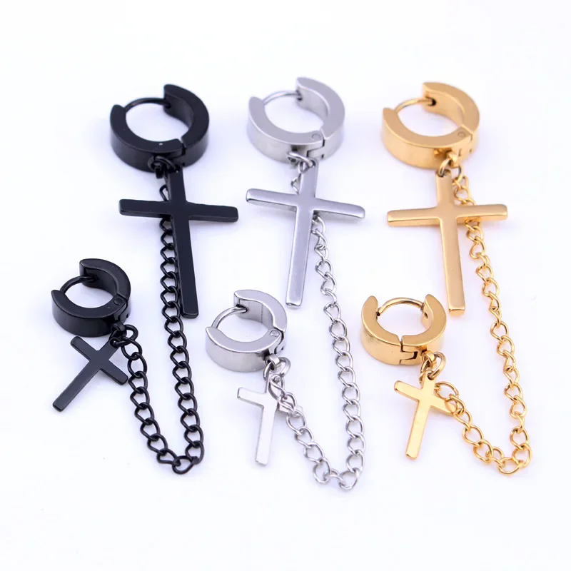 

Fashion Men Women Cross Pendientes Color Gold Black Stainless Steel Double Cross Chain Charm Hoop Huggie Earrings Jewelry