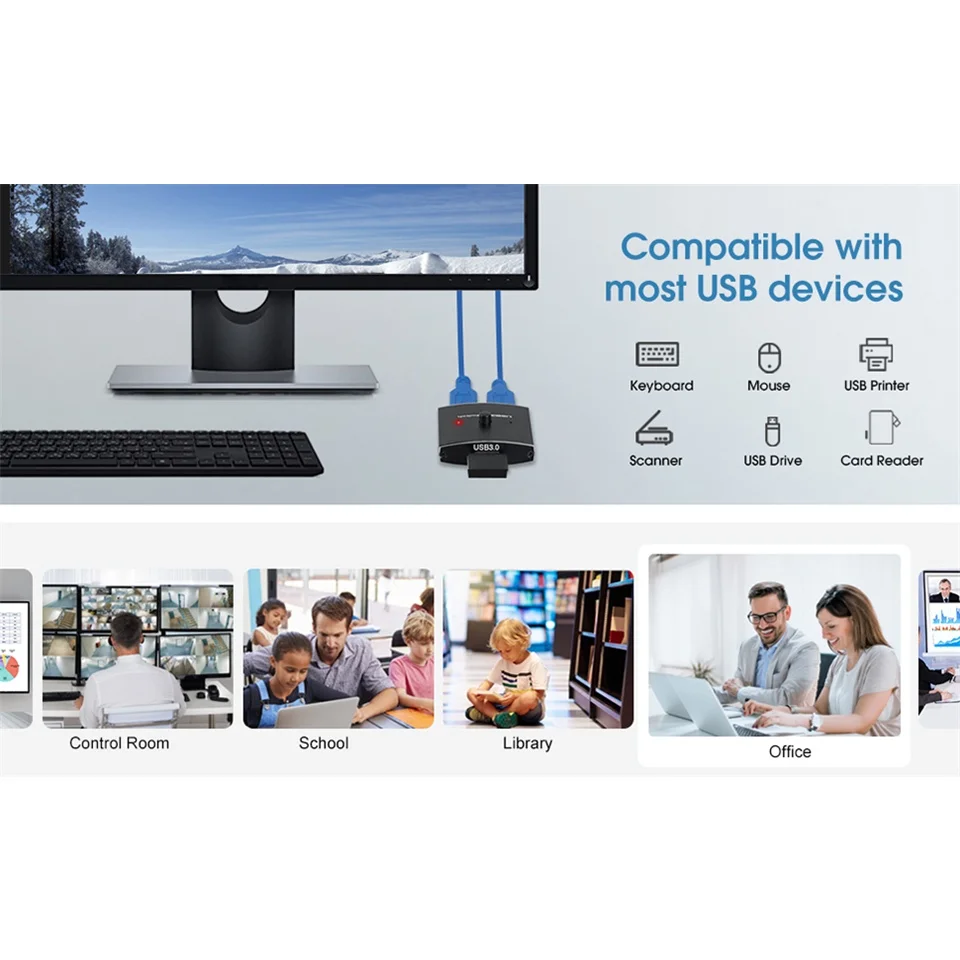 USB KVM Switch 3.0 Selector 5Gbps 2 in 1 Out Two-Way Sharer for Printer Keyboard Mouse Sharing