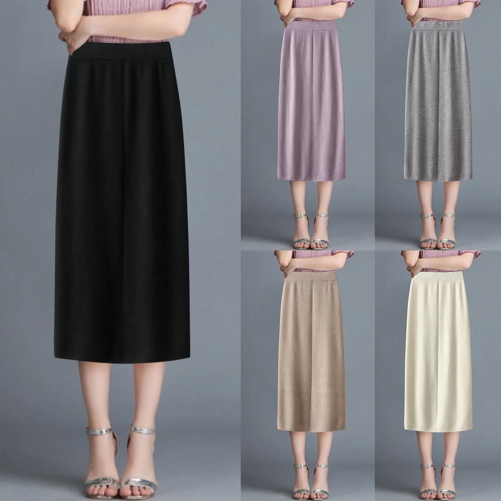 

Women Skirt Simple Solid Color High Waisted Vent Back Woolen Straight Skirt Bed Skirt