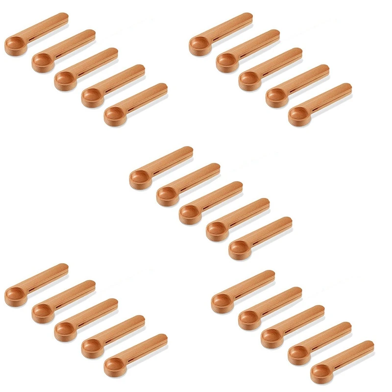 

Hot 25 Pcs Wooden Coffee Scoop And Bag Clip Measure Spoon 2-In-1 Bags Sealer Measuring Spoon For Beans,Espresso Coffee,Tea