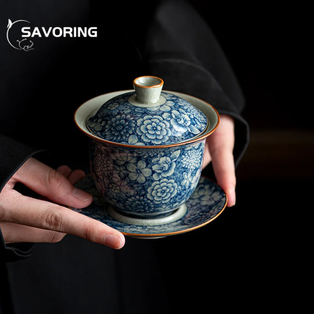 150ml Retro Blue and White Sancai Gaiwan Vintage Old Pottery Mud Tea Tureen Household Tea Brewing Cover Bowl Ceremony Craft