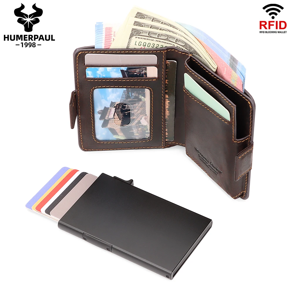 HUMERPAUL AirTag Pop-up Card Holder Purse RFID Protect Credit Cardholder Crazy Horse Leather Men's Wallet with Chain Coin Pocket