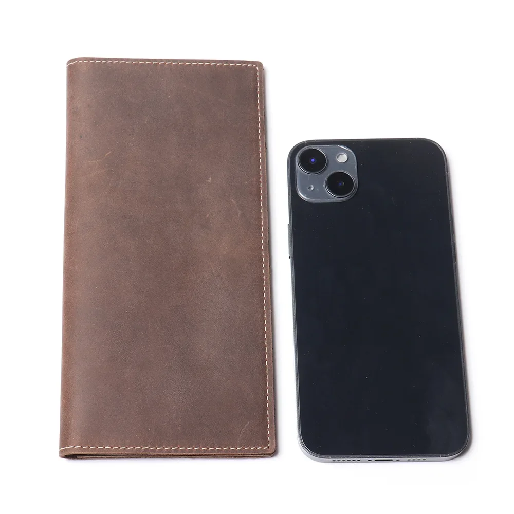 Vintage Crazy Horse Leather Long Wallet for Men with Multiple Card Slots and Zipper Pocket