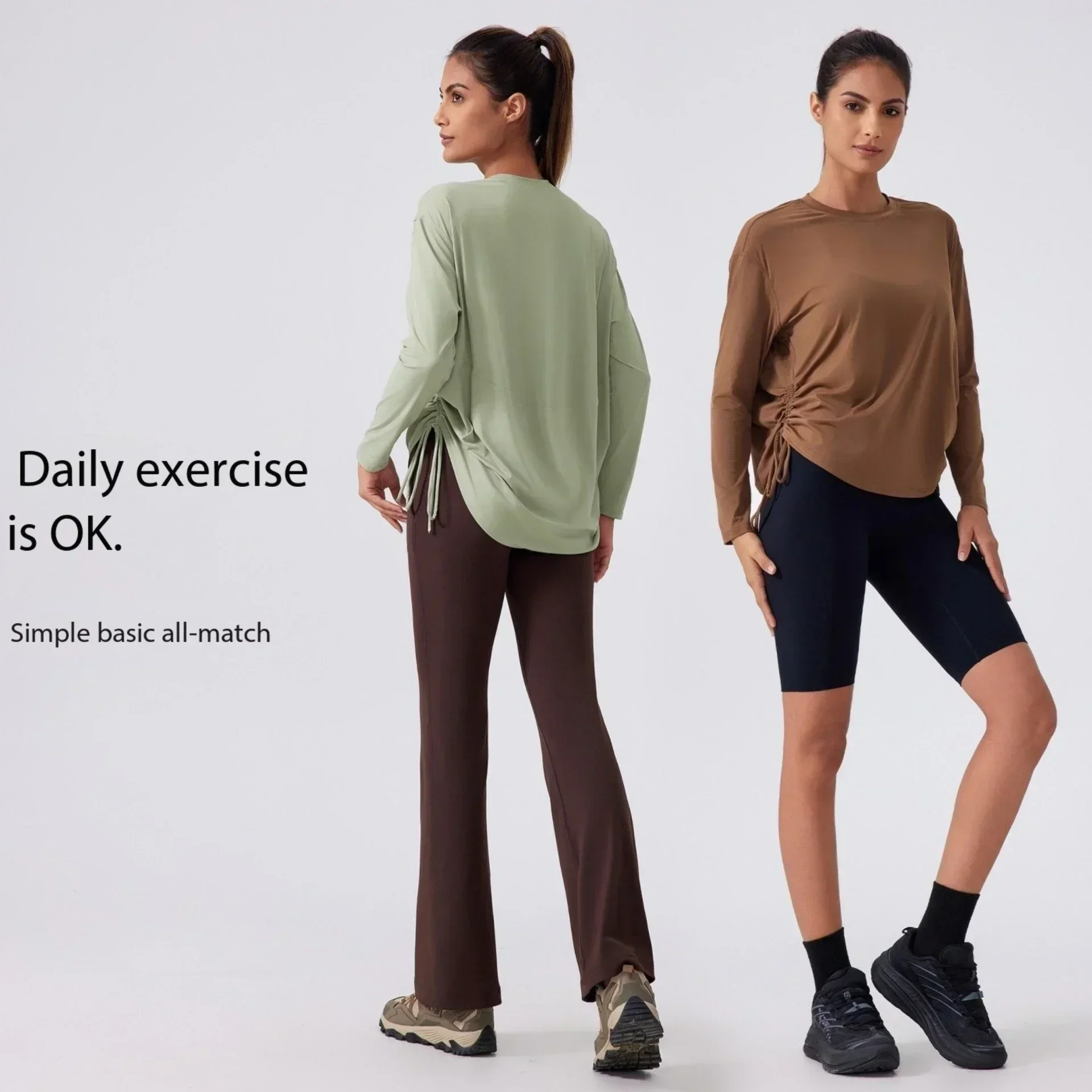 Lemon Breathable Quick-drying Yoga Tops Drawstring Pleated TEE Loose Comfortable Round Neck Outdoor Sports Long-sleeved Shirt 6