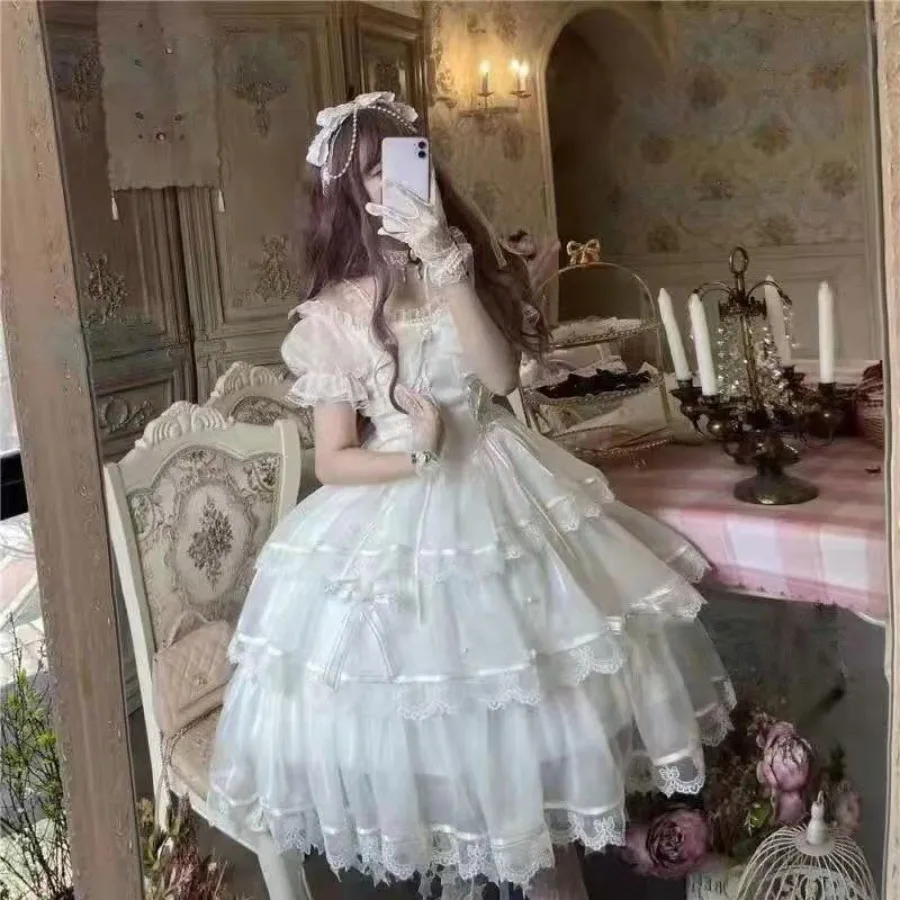 Sweet Lolita Princess Dress Women Cute White Bowknot Lace Ruffles Flowers Wedding Dresses Girly Kawaii Tulle Party Fairy Dress