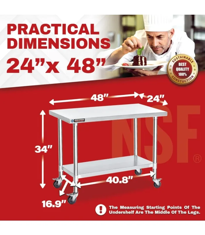 Inch Metal Table Cart - Commercial Workbench with Caster Wheel - NSF Certifi 6