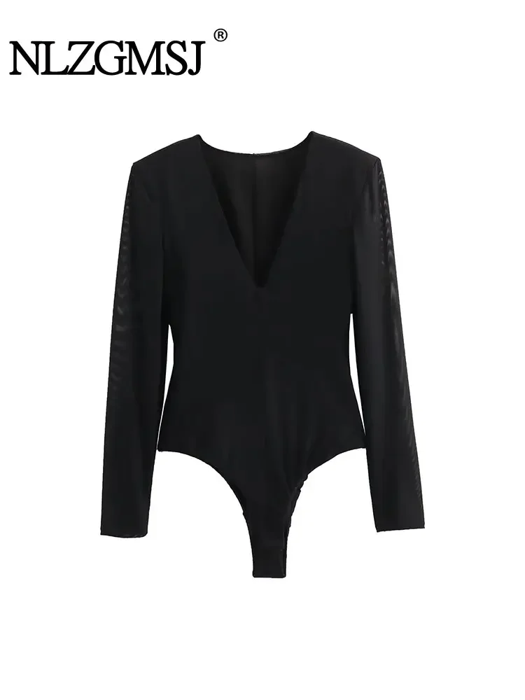 

Nlzgmsj TRAF 2024 Sexy Tulle Bodysuit For Women Elegant Shoulder Pad Short Jumpsuits Woman Fashion V-neck Y2k Slim Bodysuits