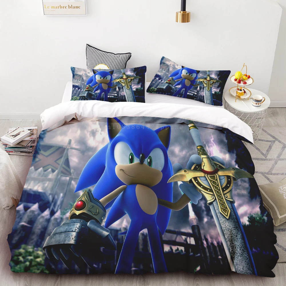 thumbnail image 1 of Juego de funda nórdica de 3 piezas con estampado de animación digital 3D de Sonic, suave, textil para el hogar, 100 % poliéster, tamaño king, regalo para adolescentes, decoración del hogar, 1 of 5