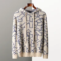 100% Goat Cashmere Class A Sweater Men's Hooded Collar Pullover 2023 Autumn and Winter Thickened Sweatshirt Jacquard Large size 1